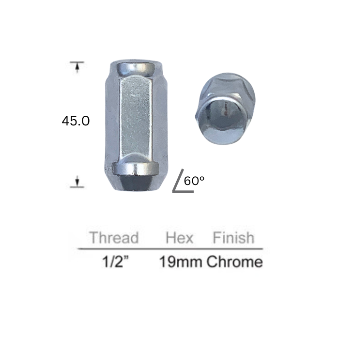 Wheel Nut Close Ended | Thread 1/2" | Hex 19mm | Length 45mm - 10 Pack
