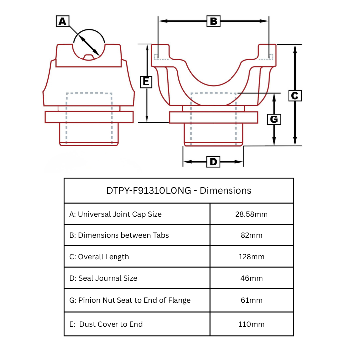 Ford 9" Pinion Yoke 1310 Series Long | 28.58mm Cap | 28 Spline